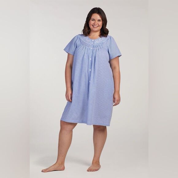 Miss Elaine Seersucker Short Midi Robe Navy Blue White Check Size 2X NEW $54 - Picture 7 of 16